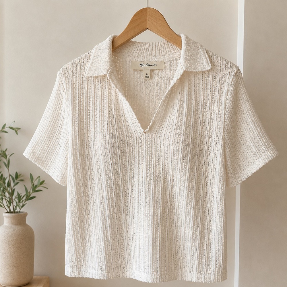 Madewell Crochet Knit V-Neck Sweater Short Sleeve Knit Vintage Ivory size Large